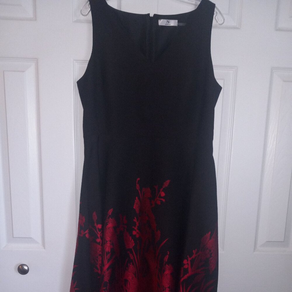 Natori Red and Black Jacquard Peacock Print Cocktail Dress
